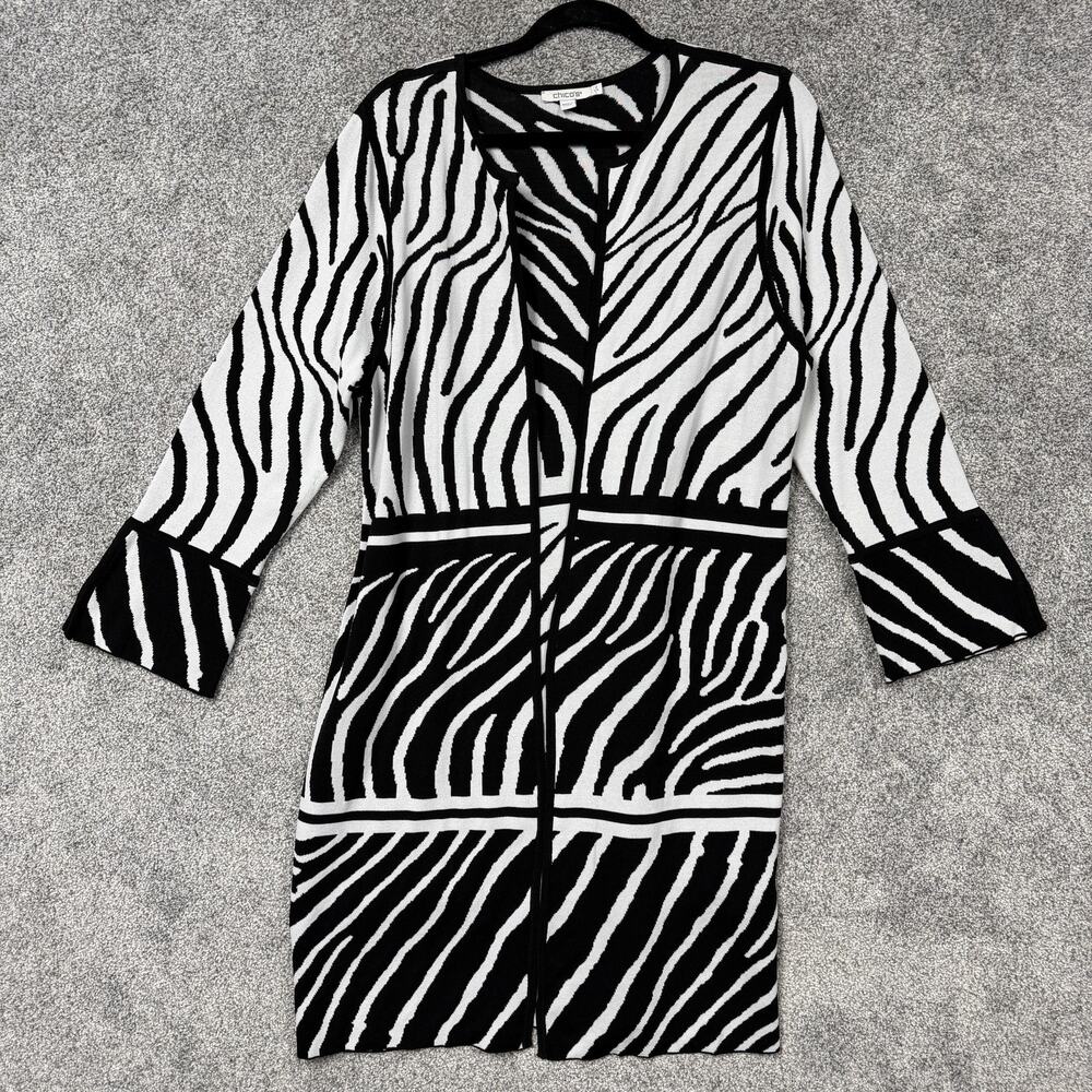 Chicos Cardigan Sweater Womens L Black White Zebra Print Open Front Mob Wife